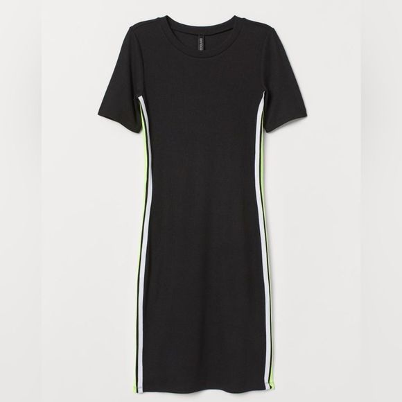 H&M Divided Black Neon Striped Jersey Bodycon Dress - Picture 1 of 4